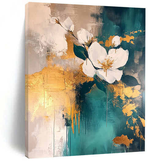 Contemporary abstract painting featuring atmospheric gold leaf accents with teal and white tones and layered flowers on a neutral background. DLZ0502