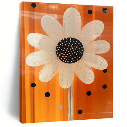 Contemporary abstract art features a white daisy with black dots and a shiny glass-like center on an orange background with polka dot accents. DLZ1512