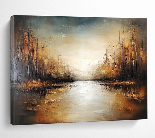 “Golden Forest Stream” - Brown, Gold, Gray, Sunlit Trees and Reflective Stream Painting On Canvas HB0929