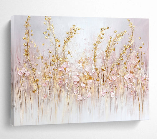 “Elegant Blush & Gold Meadows” - Pink, Gold, White, Delicate Wildflower Fields Painting On Canvas HB1017