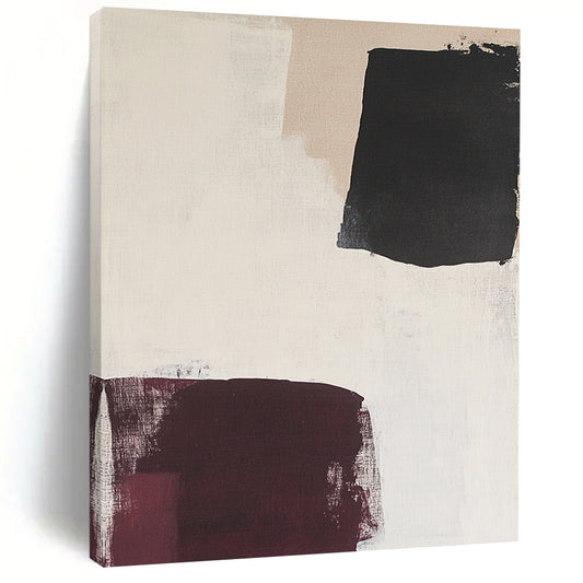 Contemporary hand-painted abstract art featuring large white burgundy and black shapes with soft neutral backgrounds and delicate fabric accents. DLZ1332
