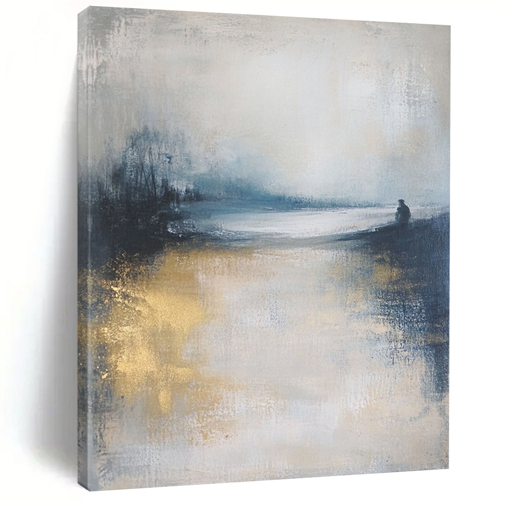 Contemporary abstract art featuring a moody ocean landscape in soft focus, neutral tones enhanced by gold and blue, creating a serene atmosphere. DLZ0464