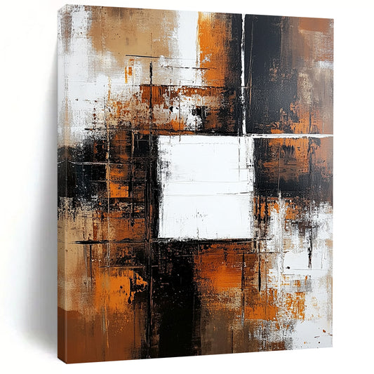 Contemporary hand-painted abstract artwork features a brown and white background with color blocks, a central white square, dark orange accents, and neutral tones. DLZ0701