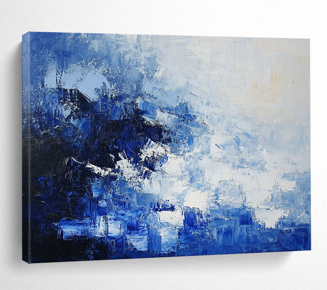 “Blue - White Abstract Textured Layers” - Blue, White, Layered Textures Painting On Canvas HB0836