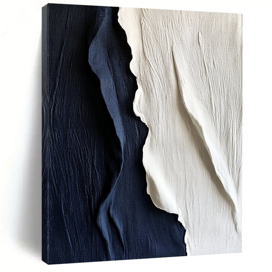 Contemporary hand-painted abstract artwork features textured white and navy blue silk, elegantly draping to create a striking visual impact on any wall. DLZ1250