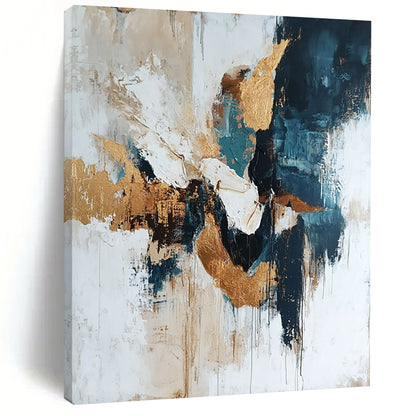 Contemporary abstract artwork featuring gold leafing and glitter on a white background with organic shapes and diverse tones of blue and gray. DLZ0543