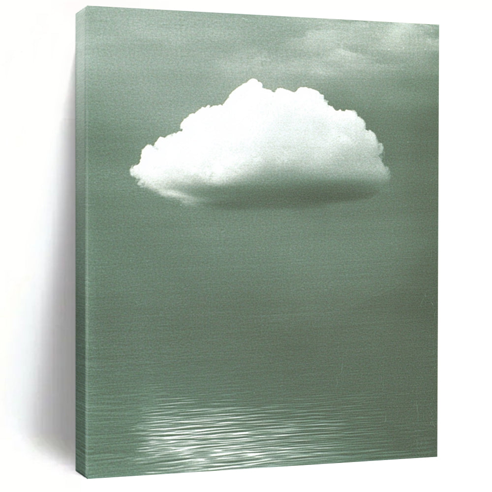 Contemporary abstract art features a soft white cloud on a gray backdrop, enhanced by green water ripples and subtle reflections below. DLZ1470