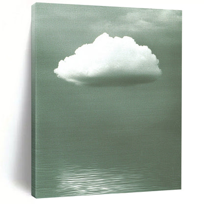 Contemporary abstract art features a soft white cloud on a gray backdrop, enhanced by green water ripples and subtle reflections below. DLZ1470