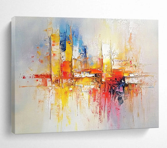 “Colorful City Reflections” - Blue, Yellow, Red, Pink, Abstract Cityscape with Reflections Painting On Canvas HB1080