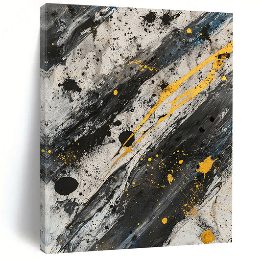 Black, White, Gray and Gold Splatter "Gilded Chaos" Painting On Canvas HB305
