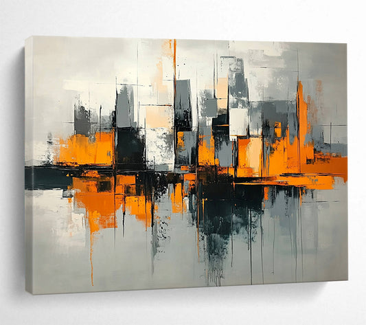 “Urban Geometry in Orange” - Orange, Gray, Black, Abstract Cubist Cityscape Painting On Canvas HB1079