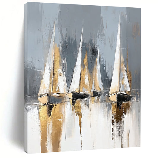 Elegant contemporary abstract painting featuring sailing boats with gold and silver accents against a light gray background, showcasing minimalist style and soft lighting. DLZ1699