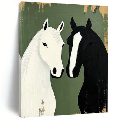Contemporary abstract artwork featuring two horses in minimalist style against a green background, capturing rustic farmhouse charm and harmony in design. DLZ1719