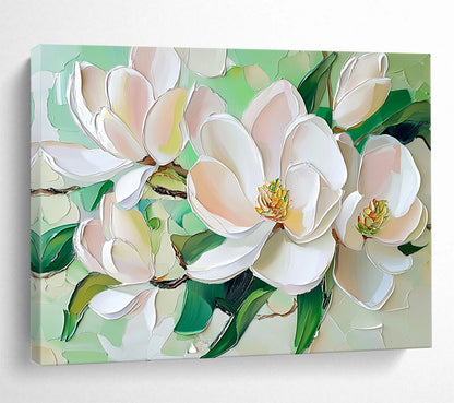 “Pastel Magnolias on Green” - White, Pink, Green, Pastel - colored magnolias on green - Impasto Oil Painting HB1788