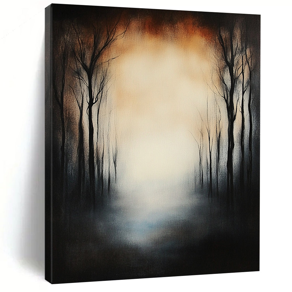 Large contemporary hand-painted abstract artwork featuring a forest of dead trees under eerie fog with a glowing sky and a mysterious blurred effect. DLZ1264