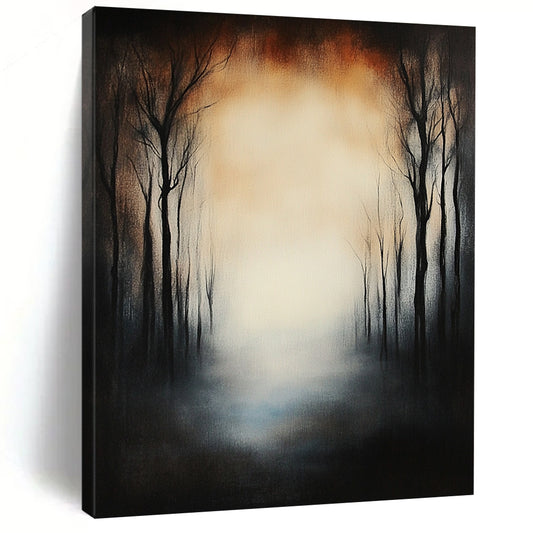 Large contemporary hand-painted abstract artwork featuring a forest of dead trees under eerie fog with a glowing sky and a mysterious blurred effect. DLZ1264