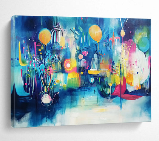 “Vibrant Blue Celebration” - Blue, Yellow, Pink, Abstract Party - Fauvist Acrylic Painting HB1502