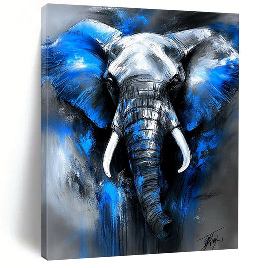 Contemporary abstract artwork featuring an elephant in blue and gray tones with expressive brushstrokes and dramatic lighting, capturing a powerful presence. DLZ1087