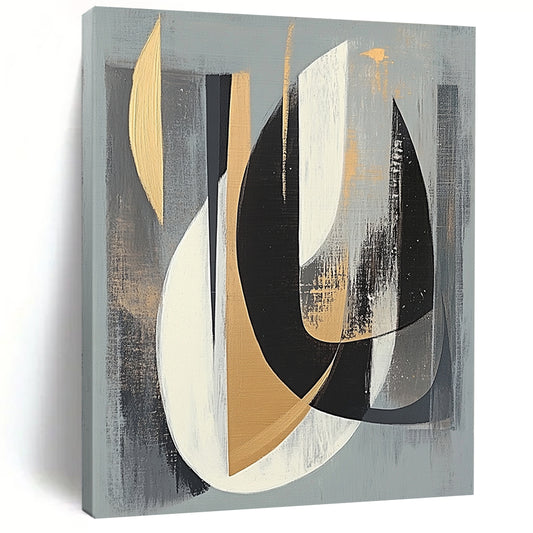 Gray, Black, White and Gold Abstract Shapes "Mystic Fusion" Painting On Canvas HB353
