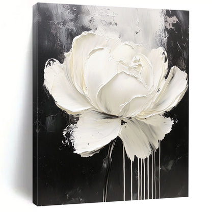 Contemporary abstract oil painting featuring a white rose with dripping paint on a minimalist black and gray background, showcasing intricate details and expressive petals. DLZ0829