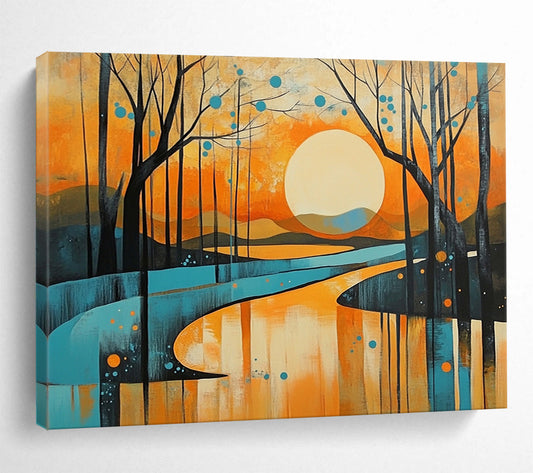 “Sunset Forest Landscape” - Orange, blue, yellow, Modern Landscape Painting HB0627