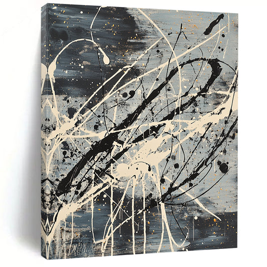 Gray, Black, White, Gold, Elaborate Drizzles "Cosmic Tangle" Abstract Pollock - Inspired Painting On Canvas HB055