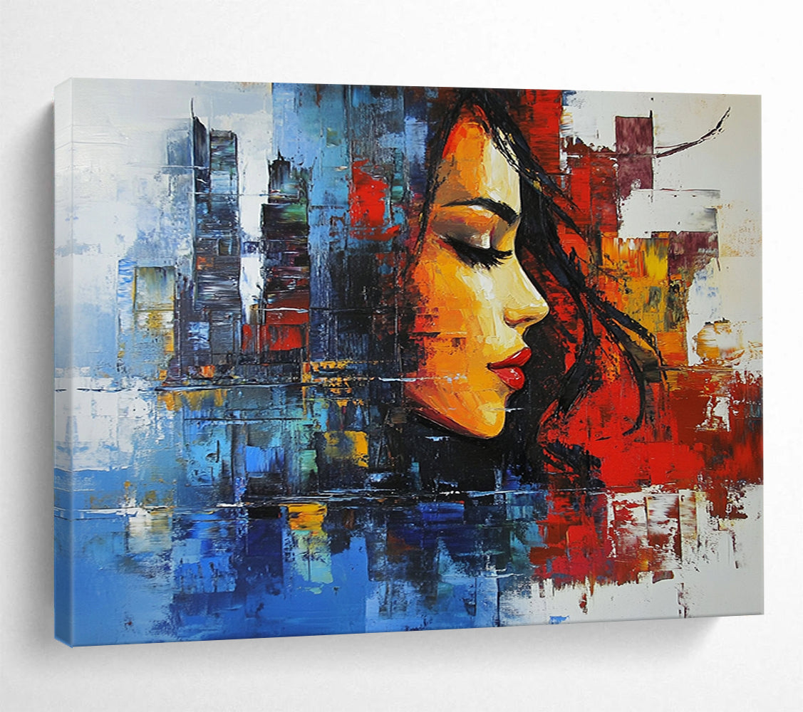 “Colorful Urban Woman Portrait” - Colorful Palette, Woman’s Face, City Background Painting On Canvas HB0851