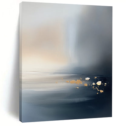 Large contemporary hand-painted abstract artwork featuring a serene misty ocean and sky with neutral tones and subtle gold and silver accents. DLZ0473