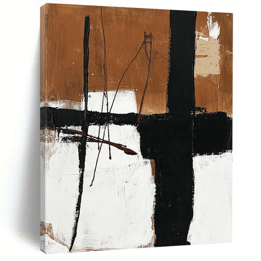 Contemporary abstract oil painting featuring black and white elements with brown lines on a neutral background showcasing earthy tones and minimalistic design. DLZ0311