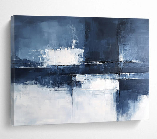 “Blue - Gray Abstract Geometric Reflections” - Blue, Gray, White, Geometric Reflections Painting On Canvas HB0831