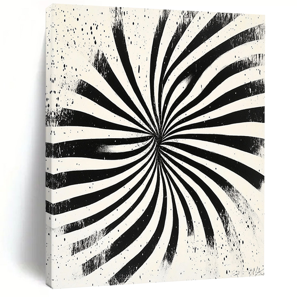 Black and White Radial Stripes "Optical Burst" Painting On Canvas HB283