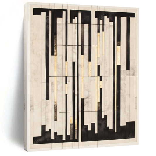 Black, White, Gray, Gold, Vertical Rectangles "Gilded Grid Symphony" Abstract Constructivist - Inspired Painting On Canvas HB121