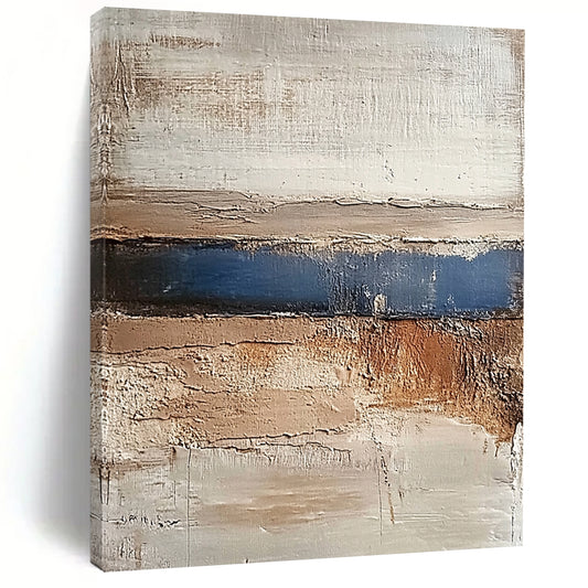 Contemporary abstract painting featuring earthy tones of beige brown grey and blue conveying calmness with a textured landscape of hills and water. DLZ1479