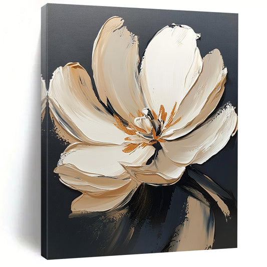 Contemporary abstract painting featuring a large white flower with gold accents on a dark gray background showcasing visible brush strokes. DLZ0603