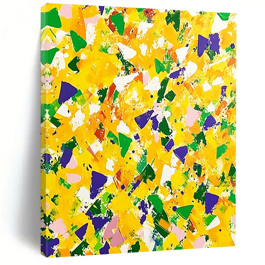 Contemporary hand-painted abstract artwork featuring vibrant yellow and green with purple accents, dynamic shapes, and energetic brushstrokes for a joyful atmosphere. DLZ1505