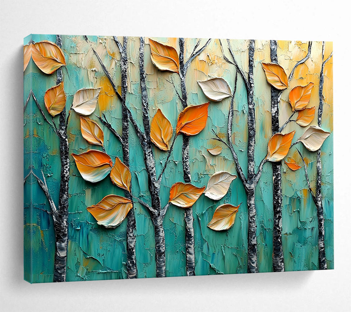 “Autumn Trees in Relief” - Teal, Orange, Textured Leaves & Trees Painting On Canvas HB0729