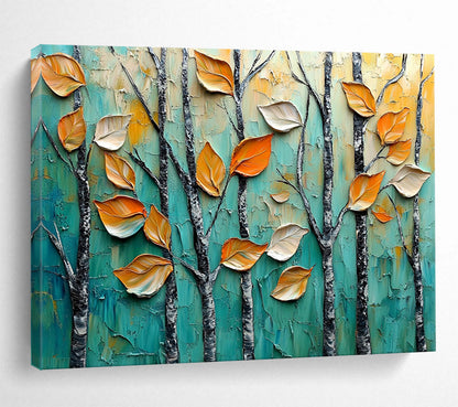 “Autumn Trees in Relief” - Teal, Orange, Textured Leaves & Trees Painting On Canvas HB0729