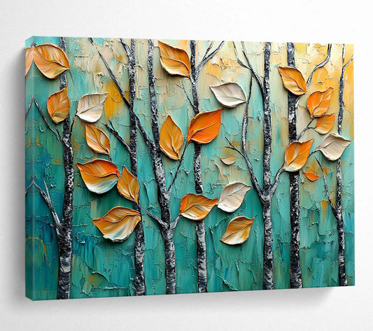 “Autumn Trees in Relief” - Teal, Orange, Textured Leaves & Trees Painting On Canvas HB0729