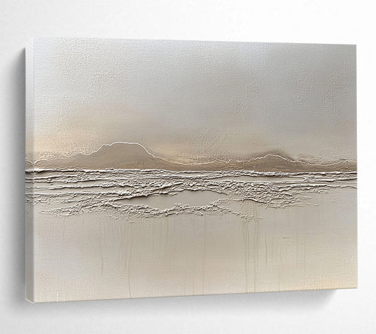 “Textured Beige Landscape Relief” - Beige, Textured Mountain & Sea Painting On Canvas HB0790