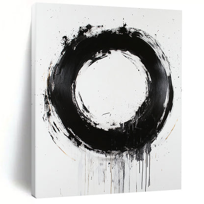 White, Black and Gold Abstract Circle "Refined Enso" Painting On Canvas HB367