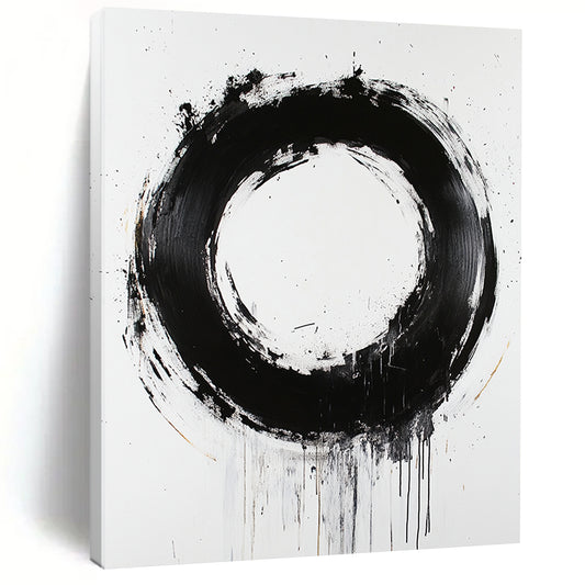 White, Black and Gold Abstract Circle "Refined Enso" Painting On Canvas HB367