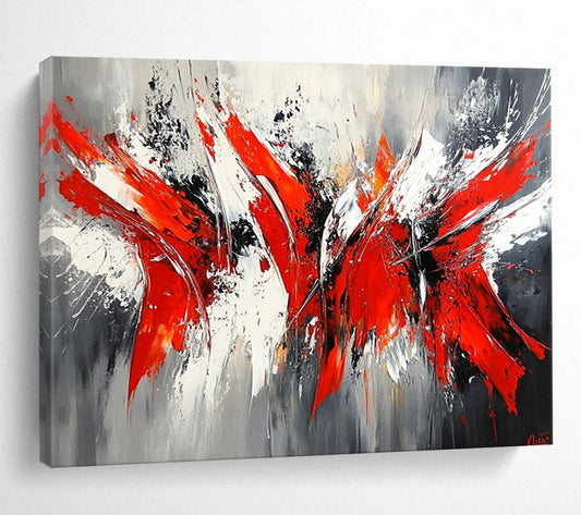 “Red & Gray Abstract Surge” - Bold reds, whites, grays, blacks; Dynamic abstract strokes; Abstract Expressionist Painting On Canvas HB1164