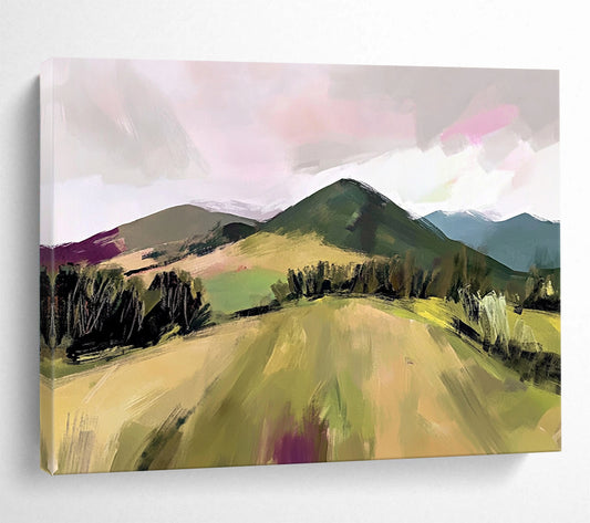 “Expressive Color - Blocked Hills” - Green, Pink, Purple, Abstracted Nature Scene - Gouache Painting HB1658