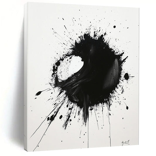 Black Asymmetric Splatter on White - “Unbalanced Ink Drama” Painting On Canvas HB219
