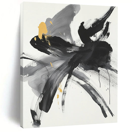 Black, Gray, Yellow and White Abstract Flower "Gilded Bloom" Painting On Canvas HB314