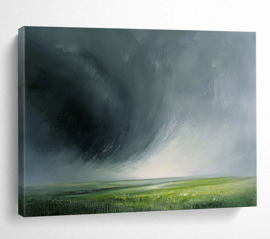 “Stormy Green Horizon” - Dark gray storm, lush green field, Dramatic Landscape Painting On Canvas HB0579