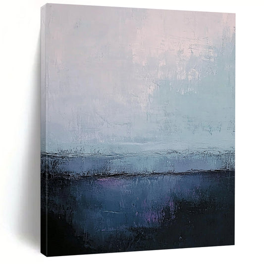 Contemporary abstract art featuring muted gray and blue tones with soft edges and textured contrasts in a large canvas format. DLZ0402