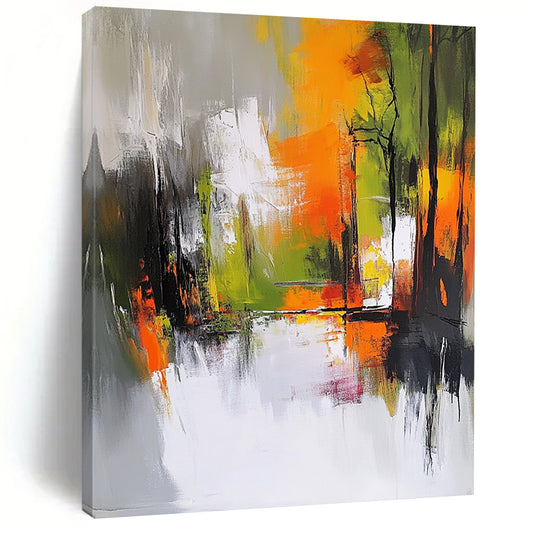 Contemporary hand-painted abstract art features an autumn forest in gray and white with vibrant orange yellow and green accents showcasing dynamic brush strokes. DLZ0947
