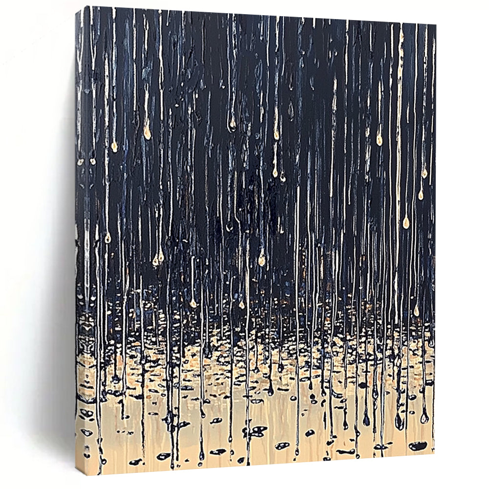 Contemporary abstract painting depicting rain on ground with dark blue beige palette thick paint drips and tranquil reflections on wet surfaces. DLZ0634