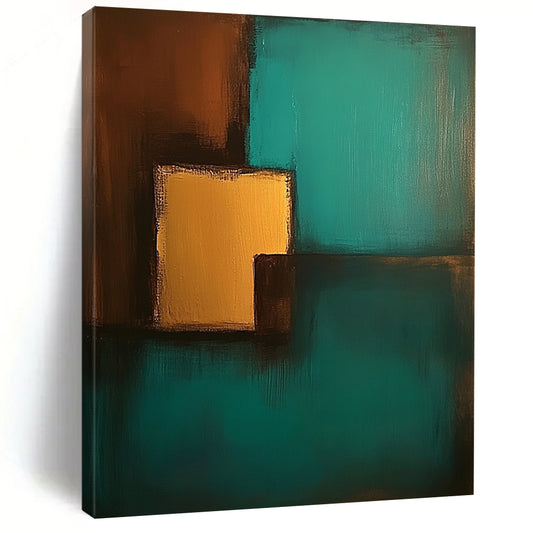 Contemporary hand-painted abstract art featuring teal and brown colors with simple shapes and low contrast for a soothing aesthetic. DLZ1065